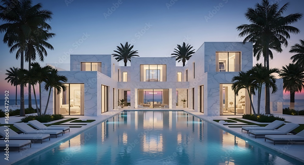 Fototapeta premium Luxurious modern villa with infinity pool and palm trees at sunset or sunrise reflecting elegance