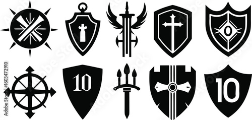 Ten black stylized gothic symbols including shields swords and compasses on white vector