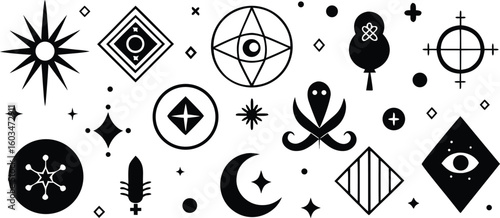 Collection of black mystical symbols and celestial icons on white background vector