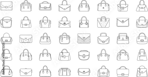 Vector art of a diverse set of handbag icons, each representing a unique style and design, perfect for fashion and accessory related projects isolated on white background
