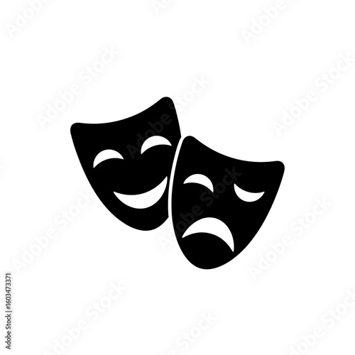 A graphic illustration of comedy and tragedy masks black and white design for theatre