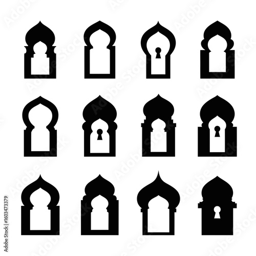 Twelve black silhouette illustrations of ornate arched windows and doorways in a Middle Eastern or Islamic architectural style.