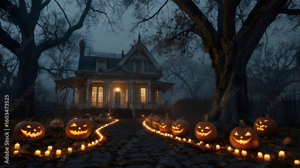 custom made wallpaper toronto digitalHaunted House Halloween Scene with Jack-o'-lanterns and Candles in Foggy Night