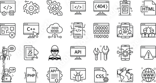 Vector art of a set of outlined icons representing web development, programming languages, and coding concepts, isolated on white background