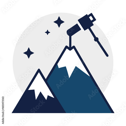 Star gazing on the mountain looking for a star trough the telescope vector icon on white background.