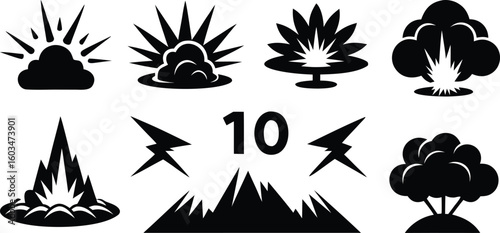 Collection of ten black explosion icons and symbols on white background bomb blast