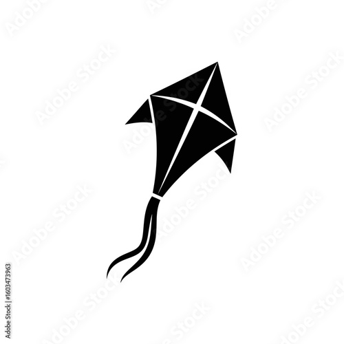 A black kite silhouette on a white background representing outdoor fun and recreational activities