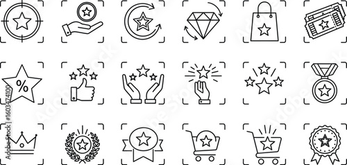 Vector art of a set of loyalty program icons features stars, rewards, and shopping symbols in a simple line art style