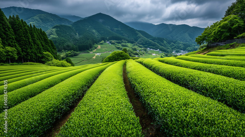 A vibrant, green matcha tea field.	A beautiful, realistic landscape shot of a lush, green tea plantation in Japan, where high-quality matcha leaves are grown, under a soft, overcast sky.

