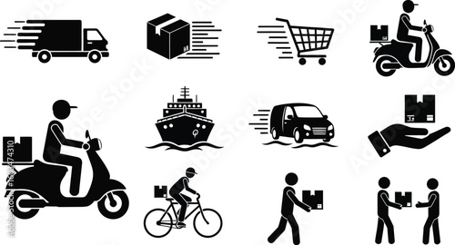 Vector art of delivery and shipping icons depict various modes of transportation, including trucks, scooters, ships, and bicycles, all on an isolated on white background