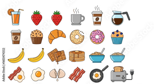 A colorful collection of breakfast food icons including coffee, juice, pastries, fruit, cereal, eggs, and bacon, arranged in neat rows against a white background.