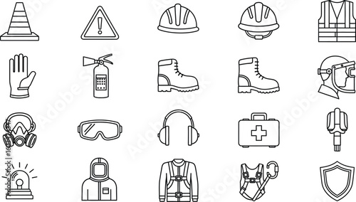 Vector art of safety equipment icons display various protective gear such as helmets, vests, gloves, and masks, all on an isolated on white background