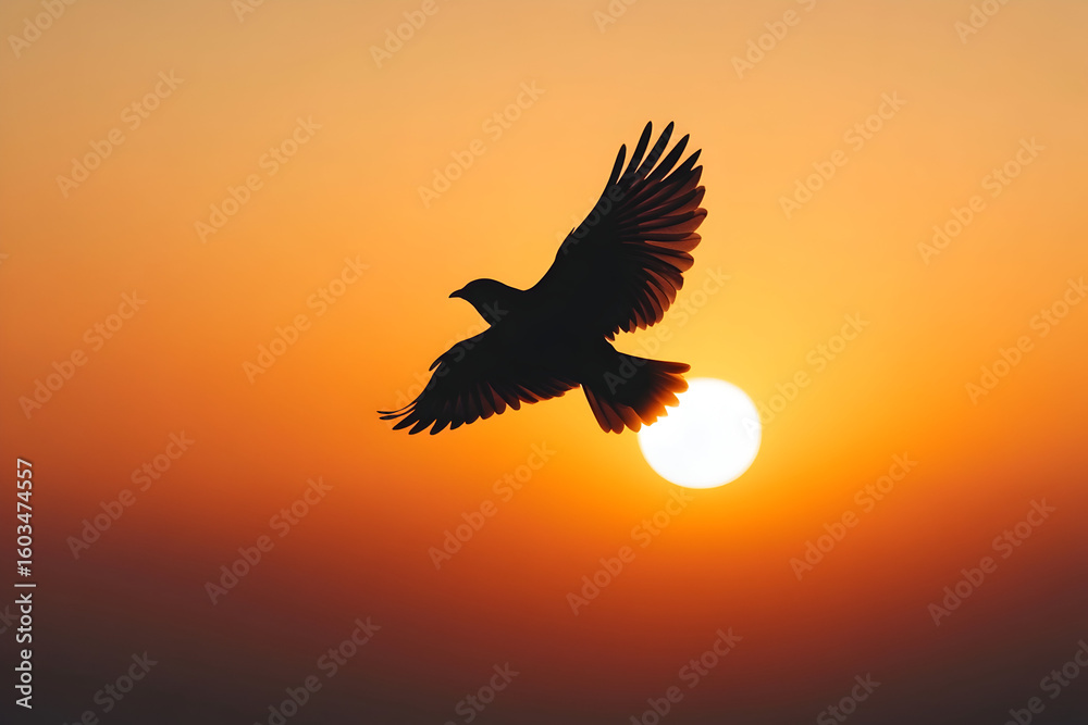 Obraz premium Silhouette of a bird in flight during sunset.