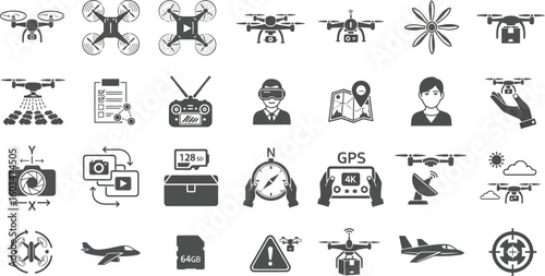 Vector art of a diverse collection of drone icons representing various features and applications isolated on white background