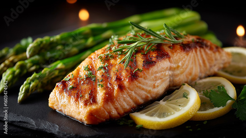 Grilled Salmon Delight: A mouthwatering fillet of grilled salmon, perfectly seared and garnished, rests alongside fresh asparagus spears and lemon wedges on a dark slate.