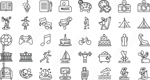 Vector art of a diverse set of line art icons representing various activities, hobbies, and leisure pursuits isolated on white background