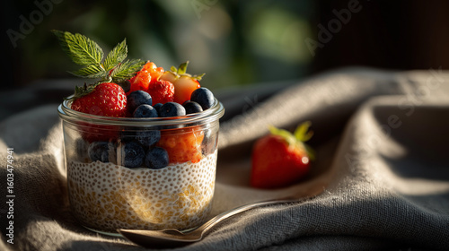 Berry Delight Jar: A close-up shot of a jar filled with a layered delicacy – a creamy base, adorned with vibrant, fresh berries, and a touch of greenery.