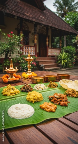 Colorful Kerala feast on banana leaf