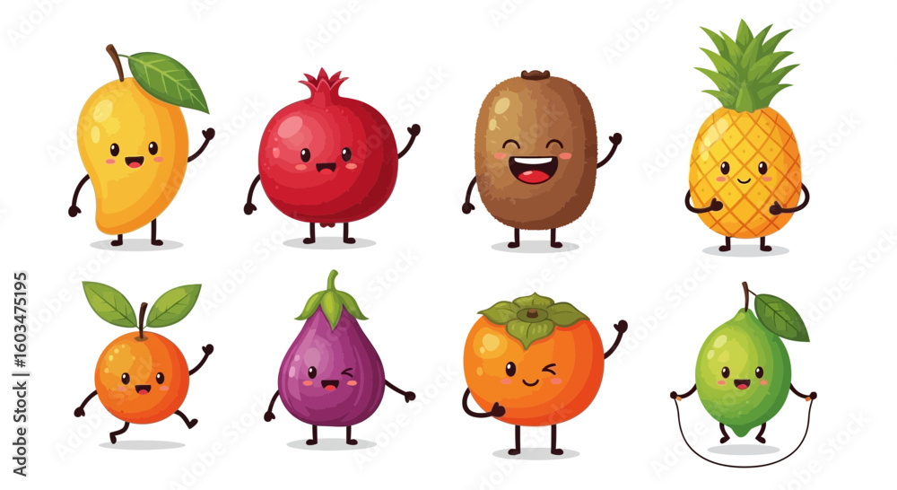 Naklejka premium Cartoon illustration featuring a collection of eight smiling fruit characters, including a mango, pomegranate, kiwi, pineapple, orange, eggplant, persimmon, and lime.