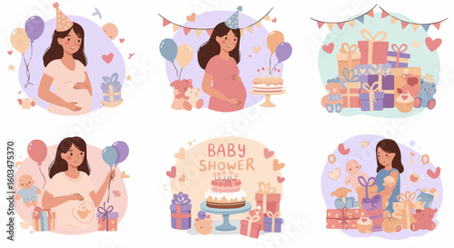 Baby Shower Party Scene with Balloons, Gifts and Decorations