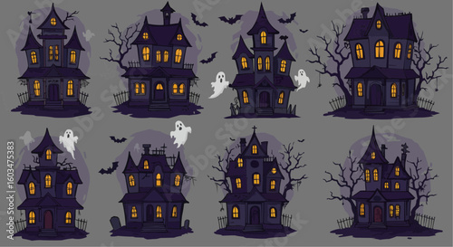 Haunted House with Ghosts and Bats – Spooky Halloween Night Scene
