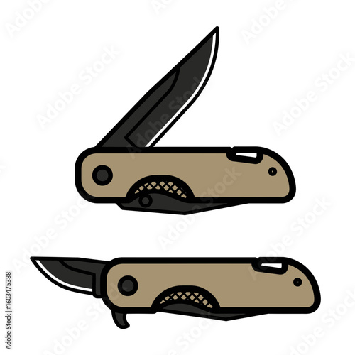 Two pocket knives are illustrated, one open with the blade extended, the other closed with a small blade visible.
