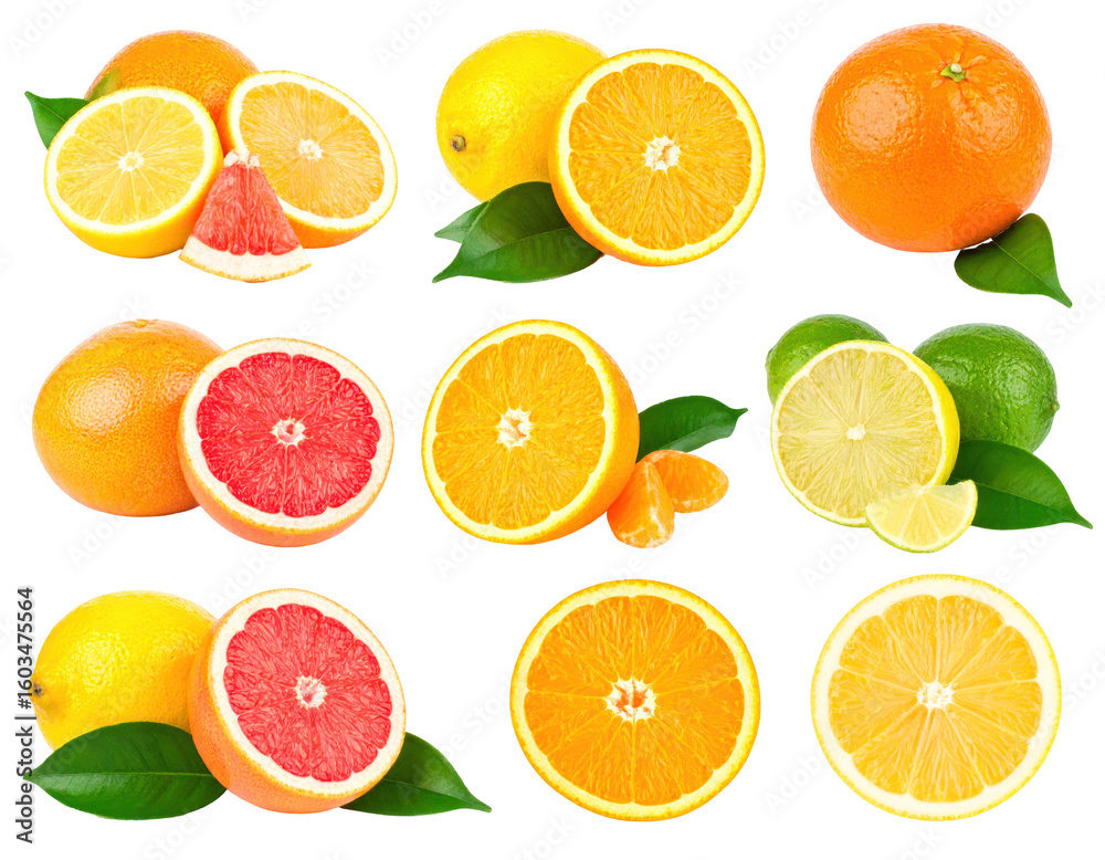 Obraz premium Assortment Of Citrus Fruits Displayed With Green Leaves Against A Transparent Background Emphasizing Freshness Juiciness And Variety Of Colors Including Orange Lemon Grapefruit And Lime