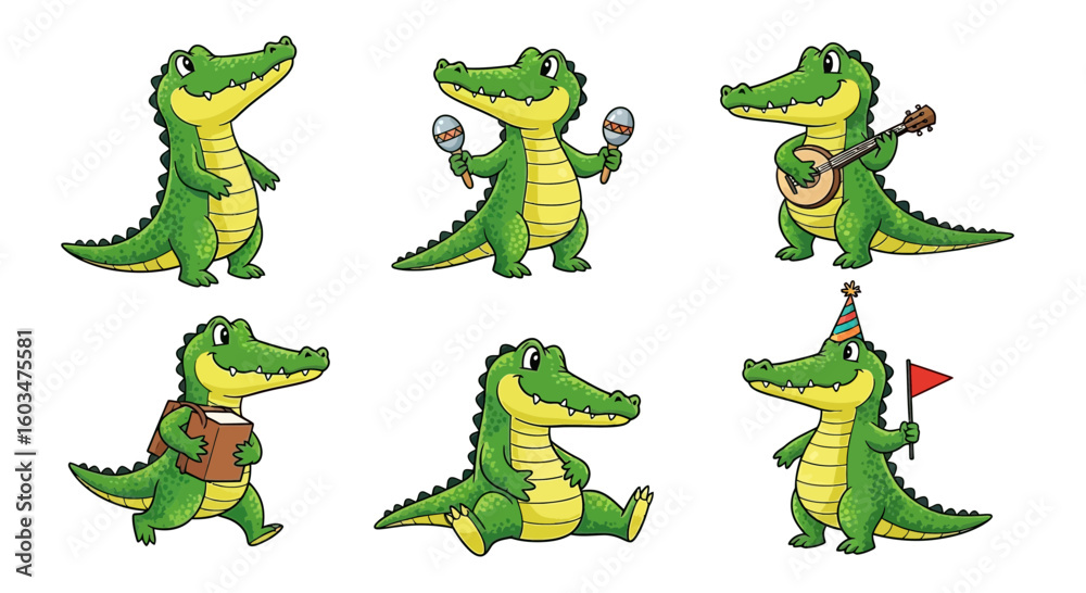 Obraz premium Six cartoon alligators in different poses: standing, playing maracas, playing a banjo, wearing a backpack, sitting, and holding a party flag.