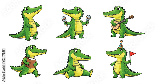 Six cartoon alligators in different poses: standing, playing maracas, playing a banjo, wearing a backpack, sitting, and holding a party flag.