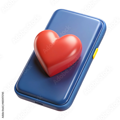 Red heart resting on a closed blue mobile phone against a black background