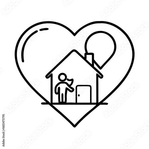 One line drawing, heart shaped home, love, house, sweet home, family, dream home, cozy, shelter