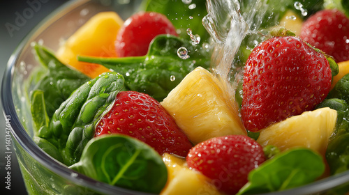 Fresh fruit salad with splashing water: Vibrant fruit salad with fresh spinach and strawberries. Fresh water splashing creating a sense of refreshment and visual delight.