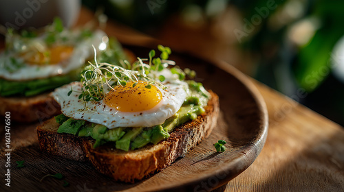 Avocado Toast with Egg: An appetizing top-down perspective showcasing two perfectly plated avocado toasts, each crowned with a sunny-side-up egg, and garnished with delicate microgreens.