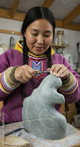 Woman carving stone sculpture
