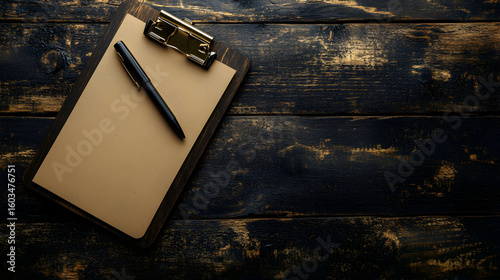 A clipboard with blank beige paper and a black pen on a dark wooden surface.