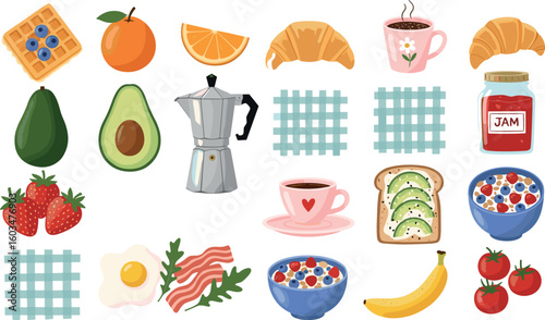 Cute checkered seamless pattern with breakfast products. Hand drawn coffee fried egg, croissant, milk, avocado, tomato. 