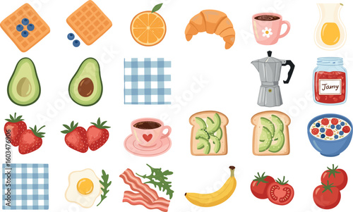 Cute checkered seamless pattern with breakfast products. Hand drawn coffee fried egg, croissant, milk, avocado, tomato. 