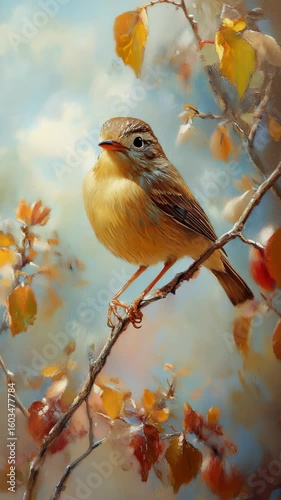 A painting of a bird perched on a branch