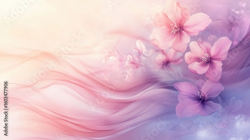 harmony banner with soft waves and delicate floral elements, on blurred background