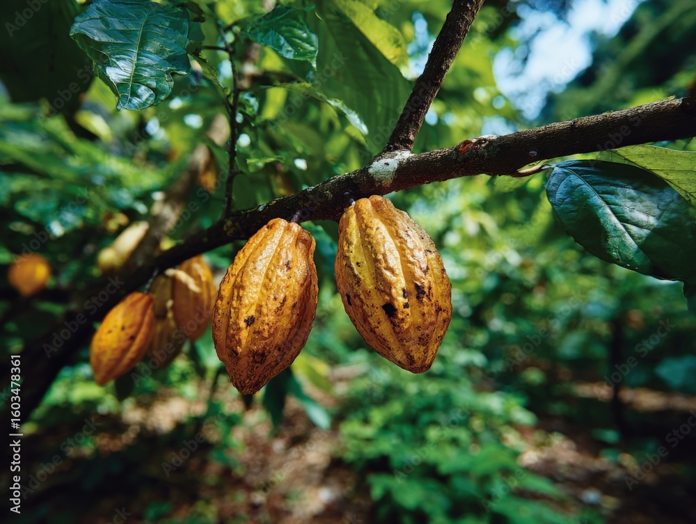 Fototapeta premium Close-up of ripe cacao pods hanging from a branch surrounded by lush green leaves in a tropical rainforest environment for chocolate production