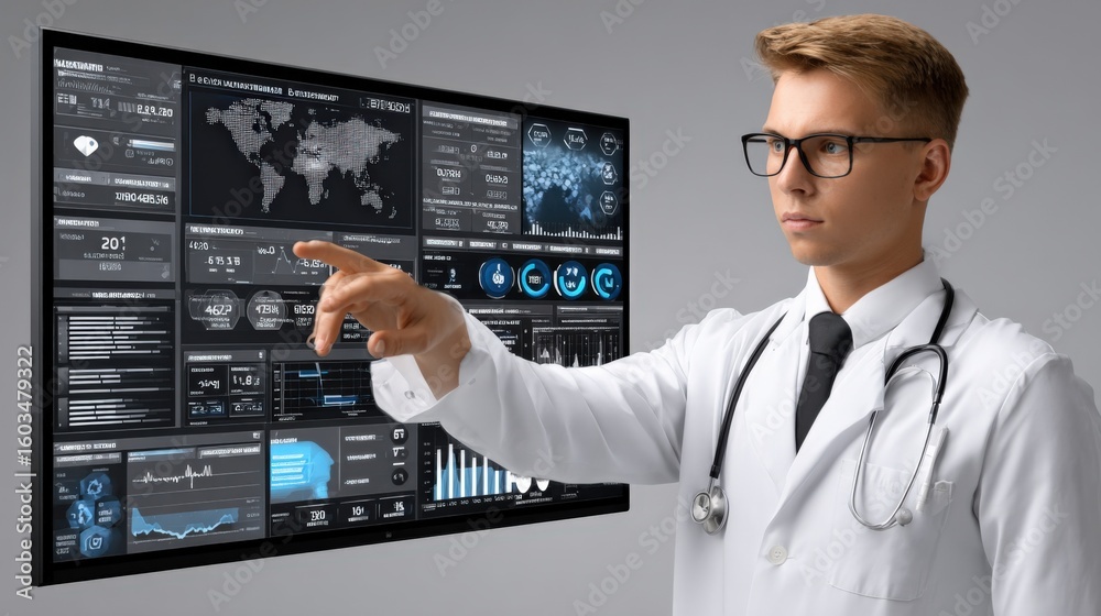 Medical professional doctor wea glasses and white coat analyzing digital health data on large screen with charts and graphs in hospital Medical professional doctor wea glasses and white coat analyzing digital health data on large screen with charts and graphs in hospital