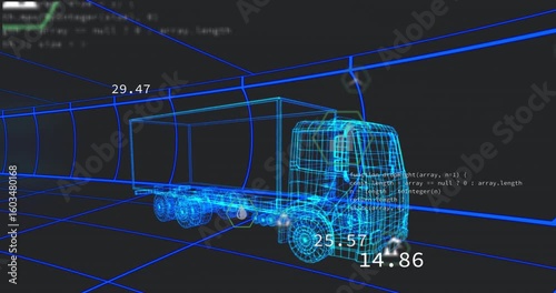 Performance chart emerging, icons floating updating truck model data for efficiency visualization