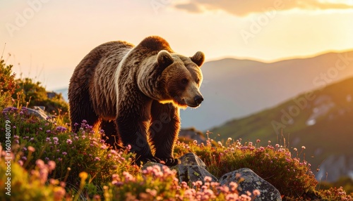 Fototapeta Naklejka Na Ścianę i Meble -  A large bear climbs a rocky hillside among wildflowers at sunset in a majestic natural scene with mountains glowing in the distance.