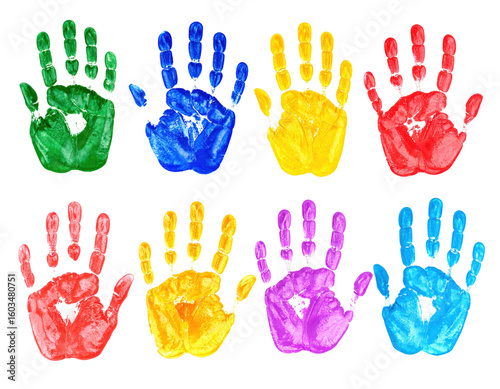 Eight Colorful Handprints Displayed Against Transparent Background Showcasing Vibrant Red Blue Yellow Green Purple and Orange Hues Representing Creative Expression and Artistic Design