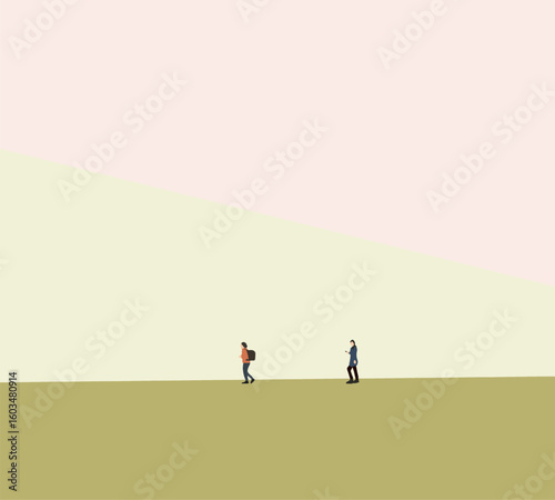 Tourists with backpack walking on modern city street. Holiday vacation in public park. Outdoor activity.