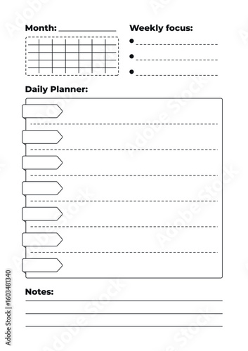Minimalist weekly planner template with task tracker, notes section and daily planning layout