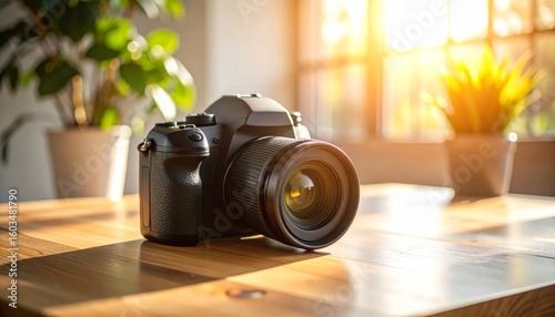 Camera on wooden table in soft light