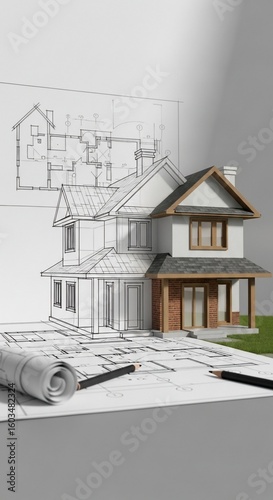Architectural Blueprint and Rendered House: Design and Construction Concept