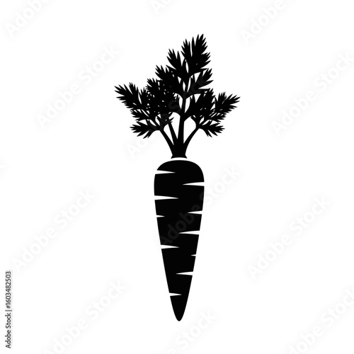 A simple black silhouette of a fresh carrot with leaves on a white background