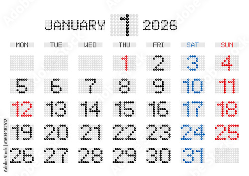 2026年1月の電光掲示板風カレンダー 月曜始まり